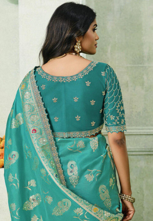 Woven Art Silk Scalloped Saree in Turquoise