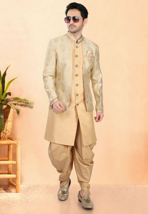 Woven Art Silk Sherwani in Beige