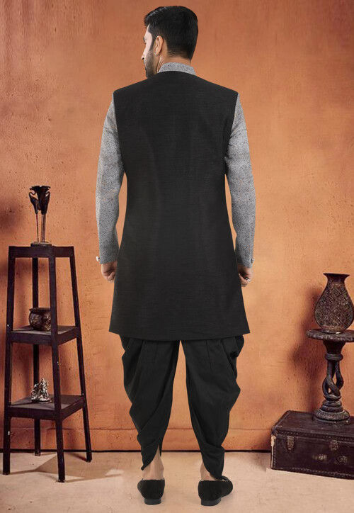 Woven Art Silk Sherwani in Black and Grey