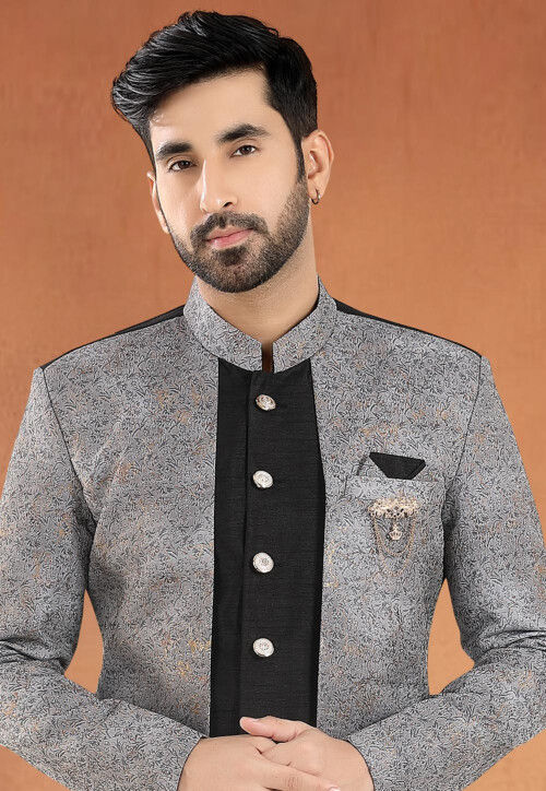 Woven Art Silk Sherwani in Black and Grey