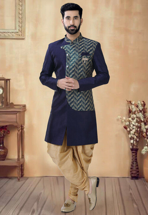 Woven Art Silk Sherwani in Blue