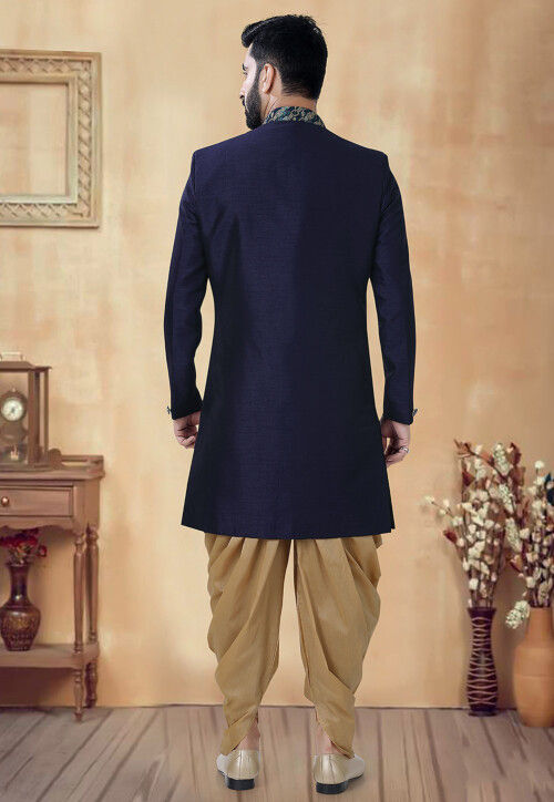Woven Art Silk Sherwani in Blue