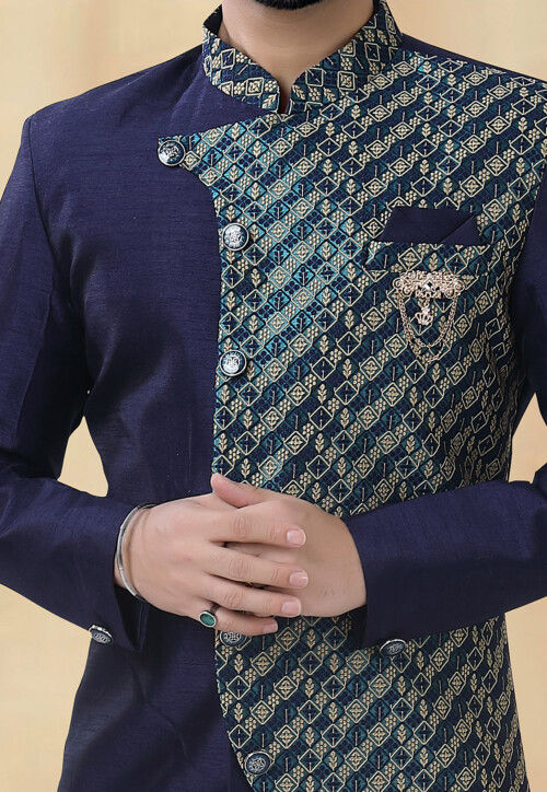 Woven Art Silk Sherwani in Blue
