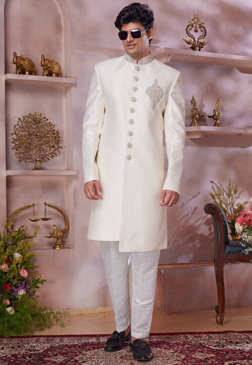 Woven Art Silk Sherwani in Cream