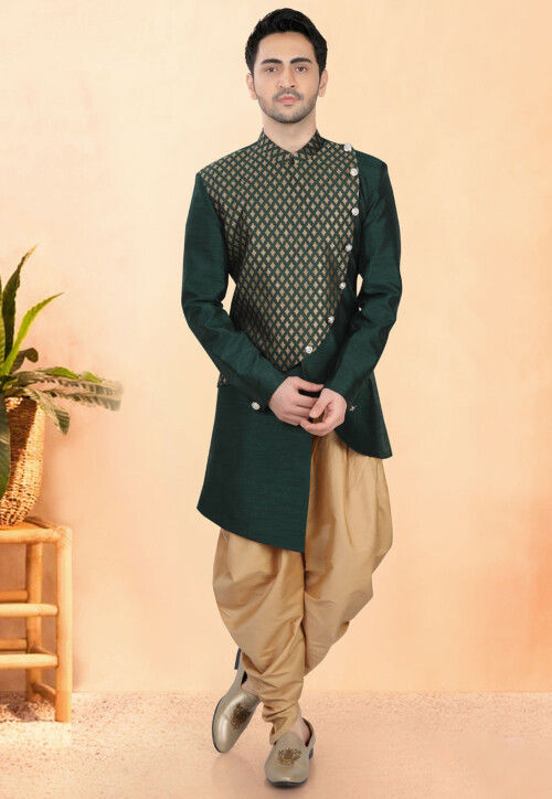 Woven Art Silk Sherwani in Green