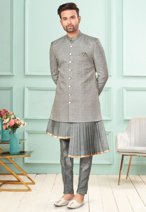Woven  Art Silk Sherwani in Grey