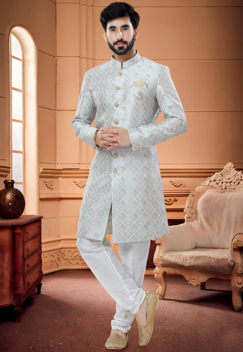 Woven Art Silk Sherwani in Grey