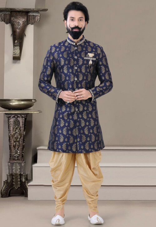 Woven Art Silk Sherwani in Navy Blue