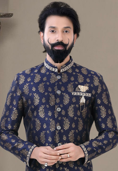Woven Art Silk Sherwani in Navy Blue