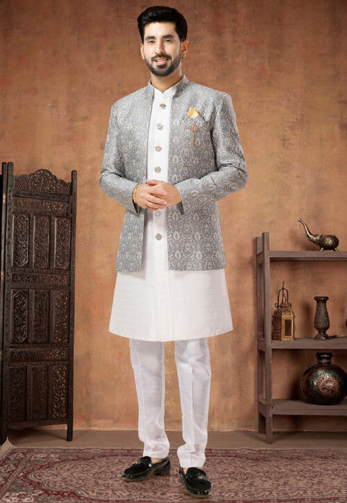 Woven Art Silk Sherwani in Off White and Grey