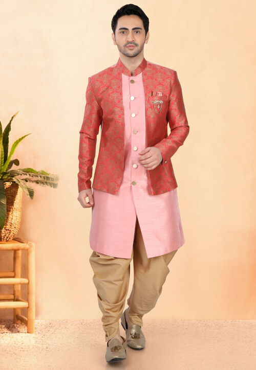 Woven Art Silk Sherwani in Pink and Red