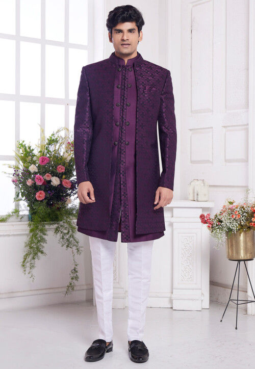 Woven Art Silk Sherwani in Purple