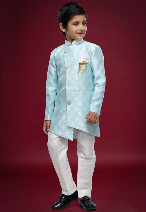 Woven Art Silk Sherwani Set in Sky Blue