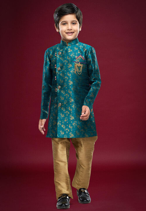 Woven Art Silk Sherwani Set in Teal Blue