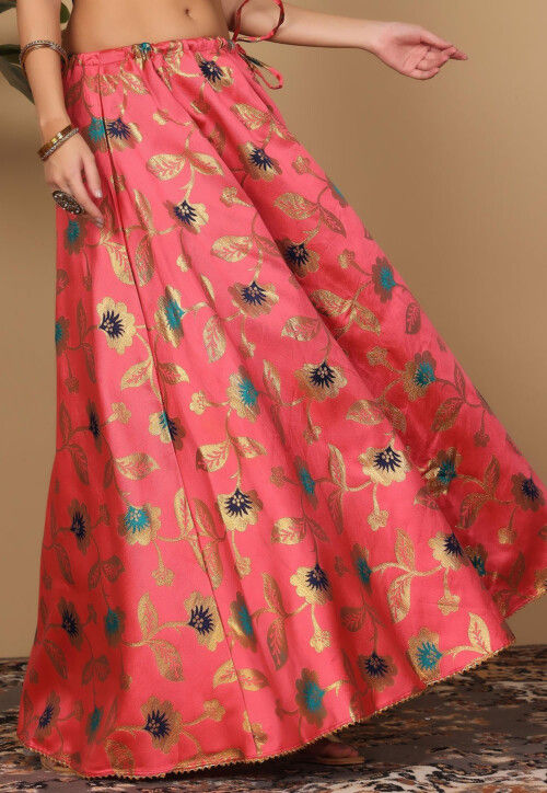 Woven Art Silk Skirt in Coral Pink