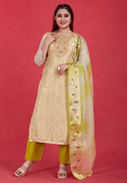 Woven Art Viscose Silk Pakistani Suit in Beige