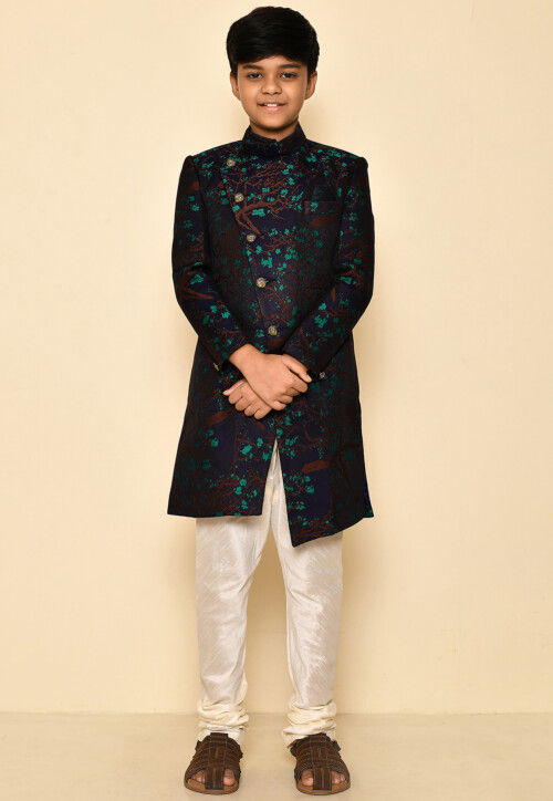 Woven Asymmetric Art Silk Jaquard Sherwani in Navy Blue