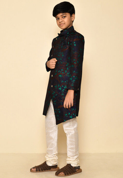 Woven Asymmetric Art Silk Jaquard Sherwani in Navy Blue
