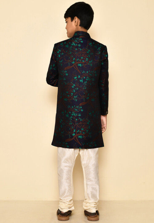 Woven Asymmetric Art Silk Jaquard Sherwani in Navy Blue