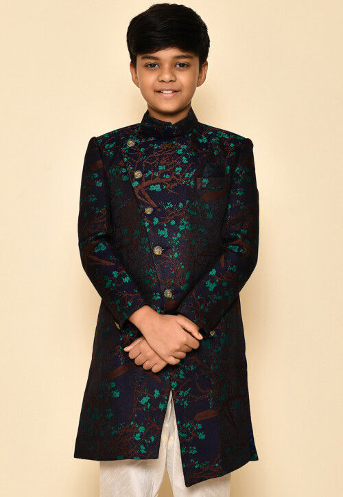 Woven Asymmetric Art Silk Jaquard Sherwani in Navy Blue