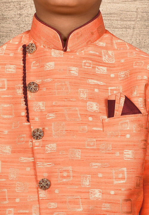 Woven Asymmetric Art Silk Jaquard Sherwani in Peach