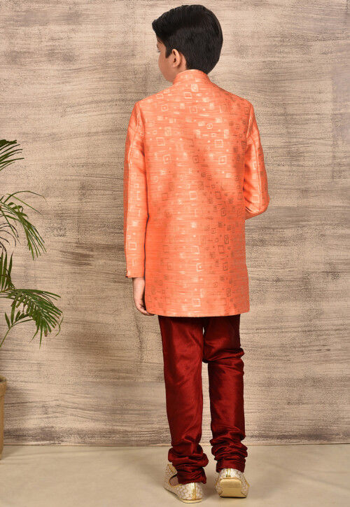 Woven Asymmetric Art Silk Jaquard Sherwani in Peach