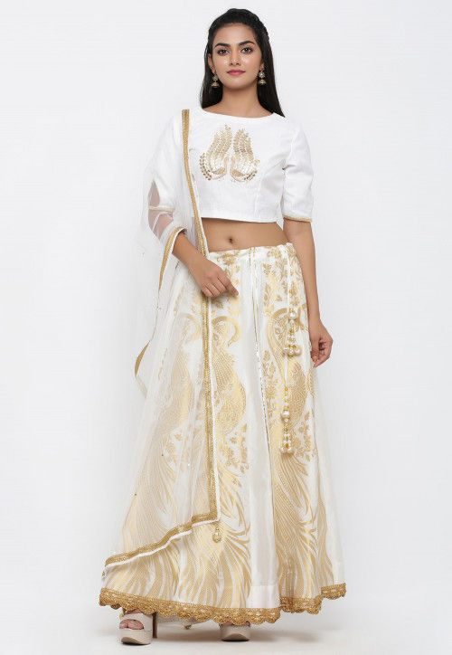 Woven Banarasi Brocade Silk Lehenga in Off White