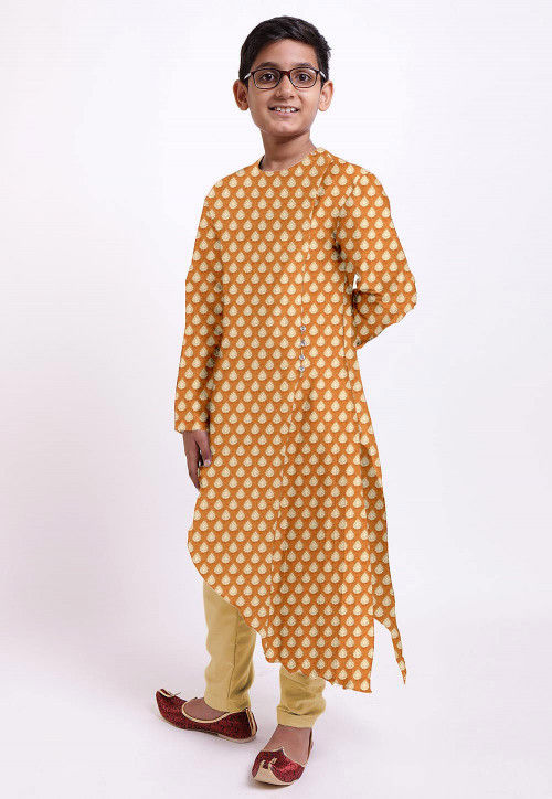 Woven Banarasi Chanderi Silk Asymmetric Kurta Set in Orange