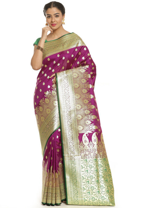 Women's Wine Woven Banarasi Silk Saree with Tassels - Vishnu Weaves –  Trendia