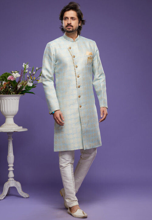 Woven Banarasi Silk Sherwani in Sky Blue