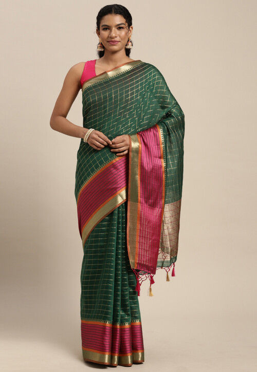Woven Bangalore Silk Saree in Dark Green