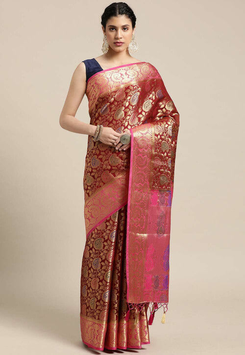 Woven Bangalore Silk Saree in Maroon