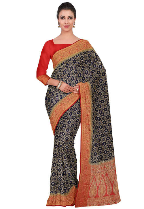 Woven Bangalore Silk Saree in Navy Blue