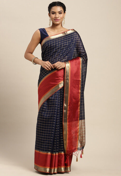 Woven Bangalore Silk Saree in Navy Blue