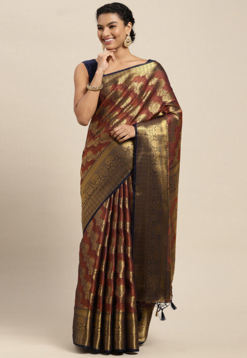 Woven Bangalore Silk Saree in Navy Blue