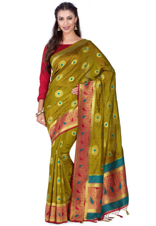Woven Bangalore Silk Saree in Olive Green