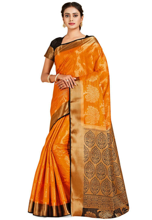 Woven Bangalore Silk Saree in Orange