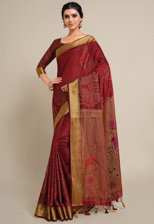 Buy Wine Red Pure Hand Block Wax Batik Printed Soft Silk Saree-UNM74183  Online at Unnatisilks.com|UNM74183