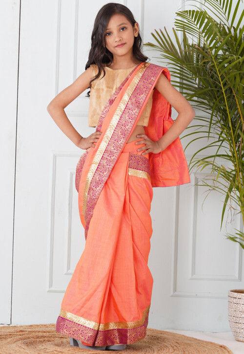 Woven Border Art Silk Pre-stitched Saree in Peach