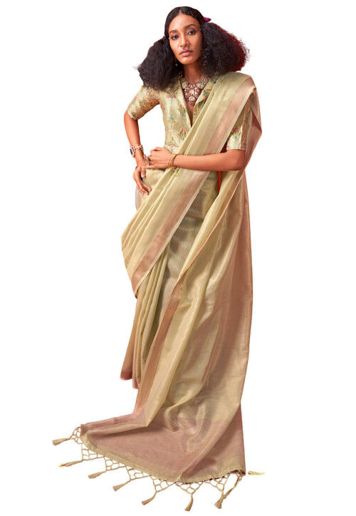Woven Border Art Silk Saree in Light Beige