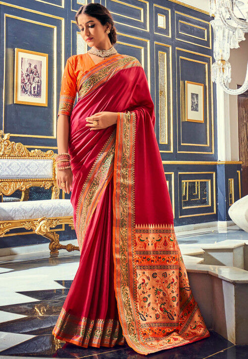 Maroon Silk Saree with Embroidered Lace Border - Dress me Royal