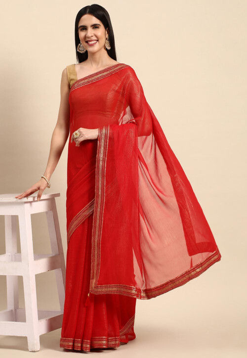 Vishal Prints Dark Red Printed Fancy Chiffon Saree With Core Piping