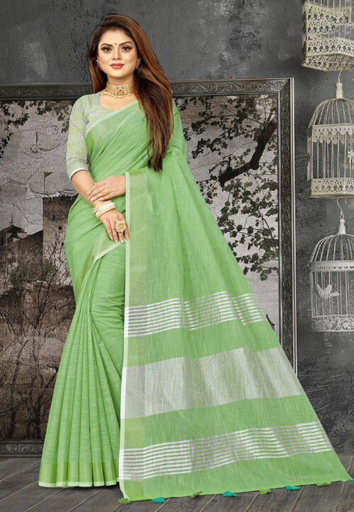 Woven Border Linen Cotton Saree in Light Green