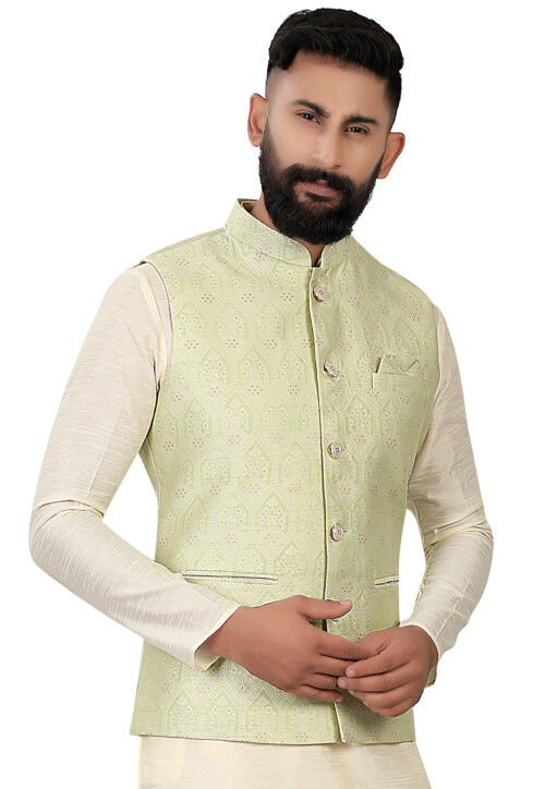 Latest Green Silk Mirror Nehru Jacket online - Mens Wear