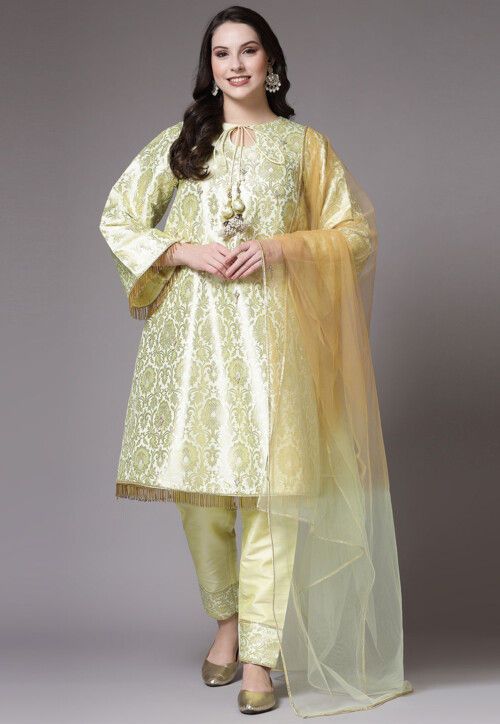 Woven Brocade Silk Pakistani Suit in Light Yellow