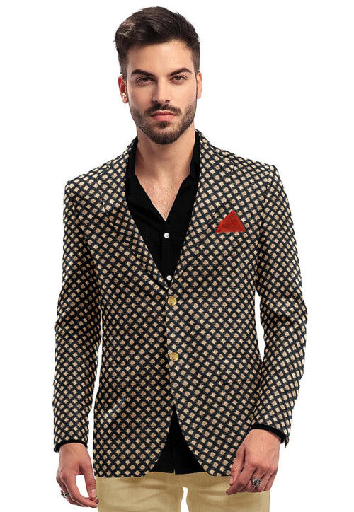 Buy Woven Chanderi Blazer in Beige and Black Online MTE1186