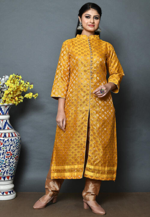 Woven Chanderi Jacqard Silk Straight Kurta Set in Mustard