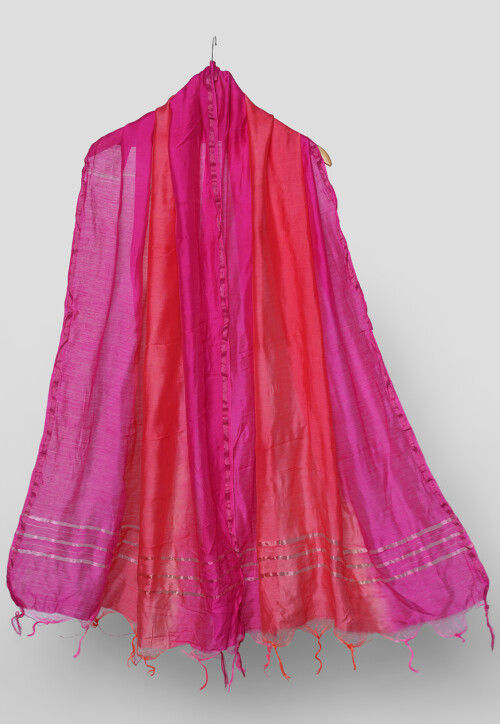 Woven Chanderi Silk Dupatta in Fuchsia and Orange