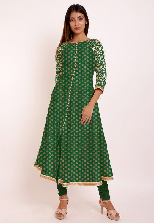 Woven Chanderi Silk Jacquard A Line Kurta in Dark Green