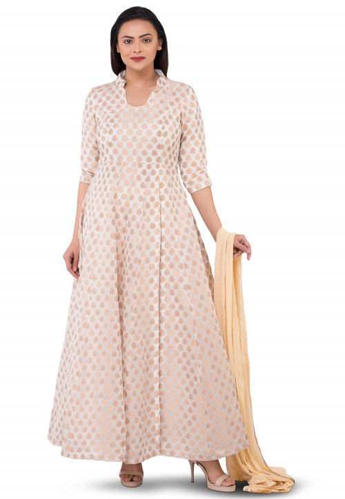 Woven Chanderi Silk Jacquard Abaya Style Suit in Off White